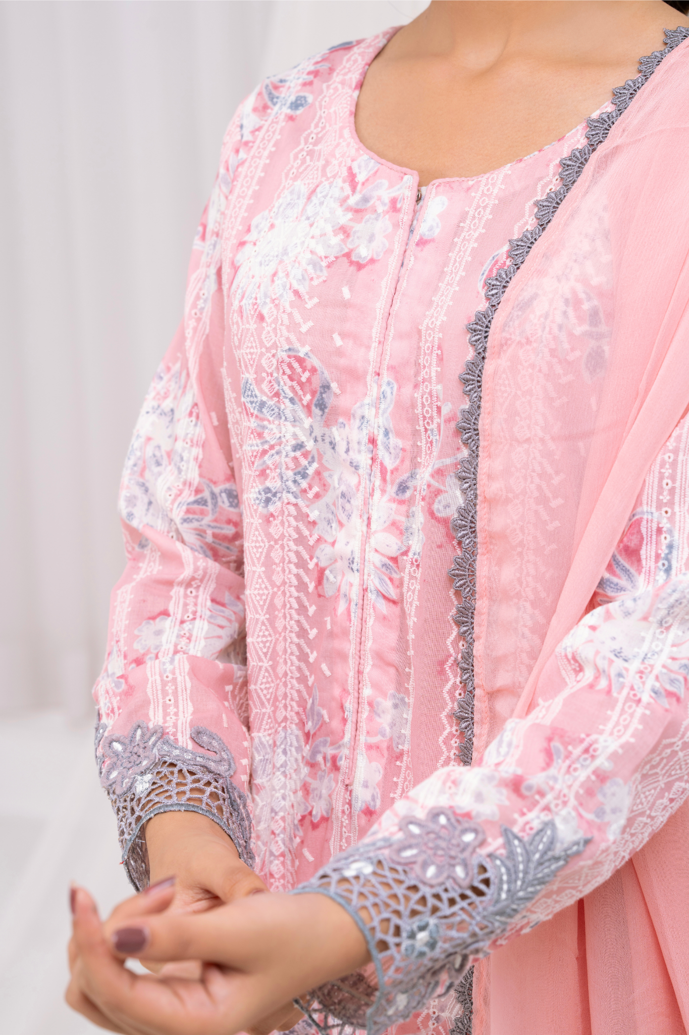 Grey cutwork on pink chicken