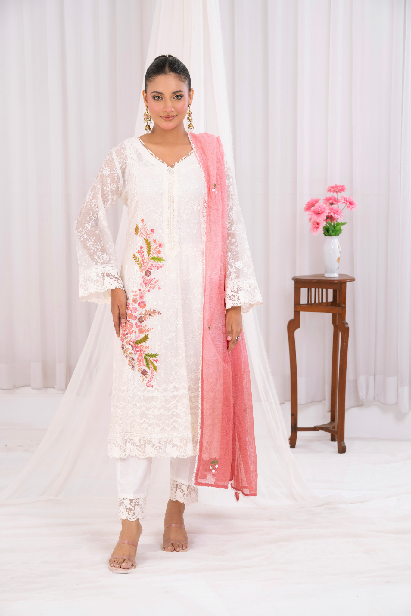 White Teal Net with Peach Motif