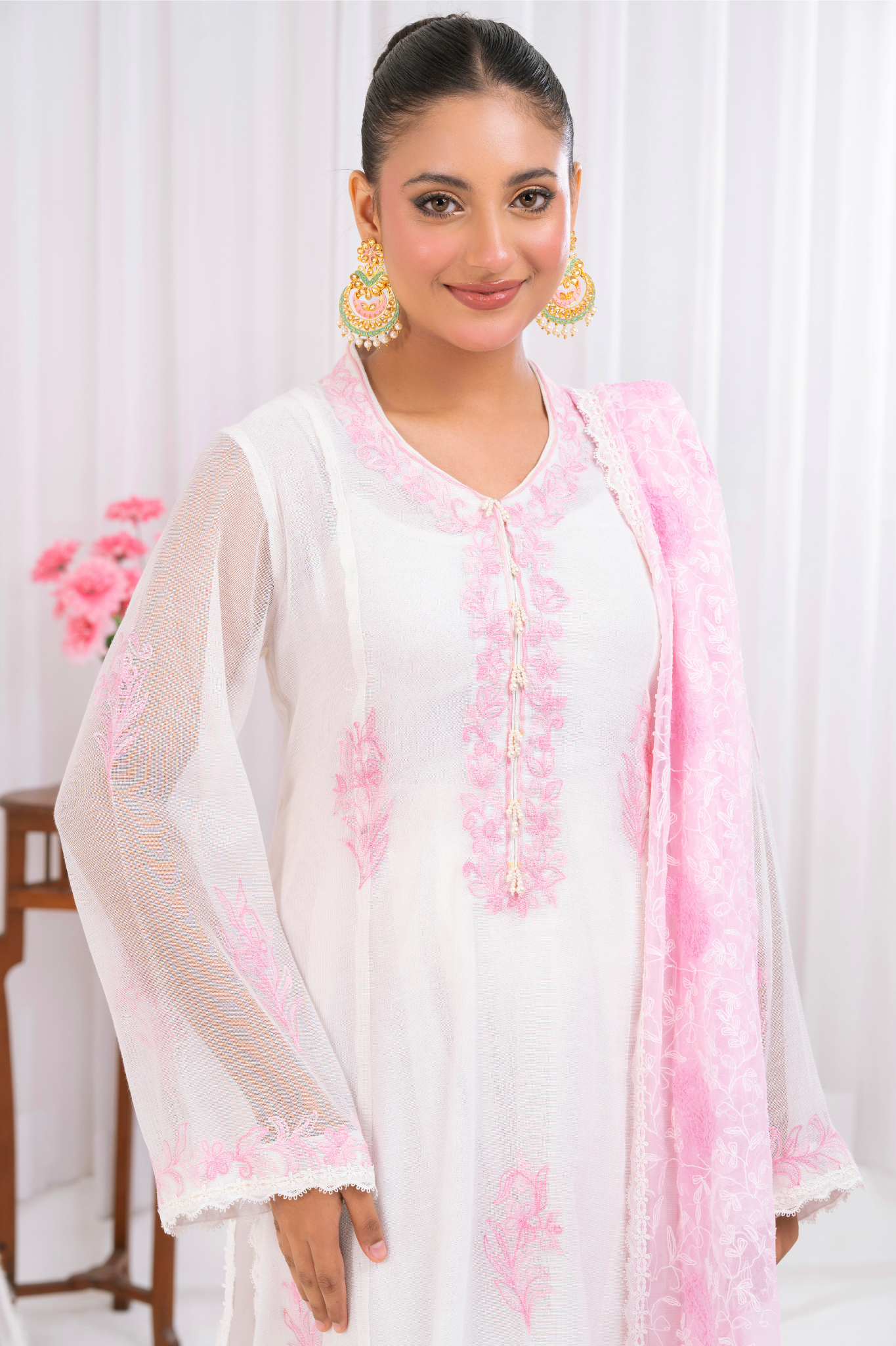 Pink Shadow Dupatta with Silk Net Embroidered Shirt