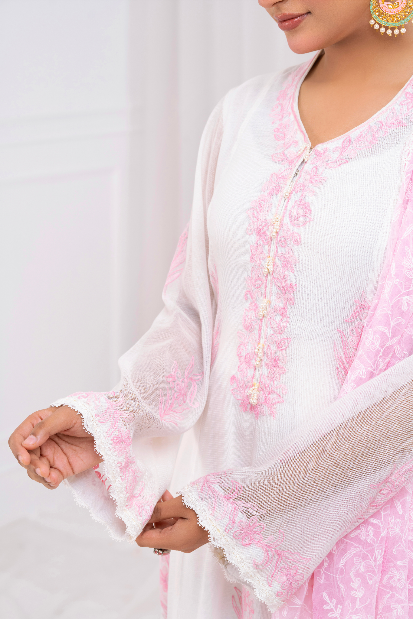 Pink Shadow Dupatta with Silk Net Embroidered Shirt