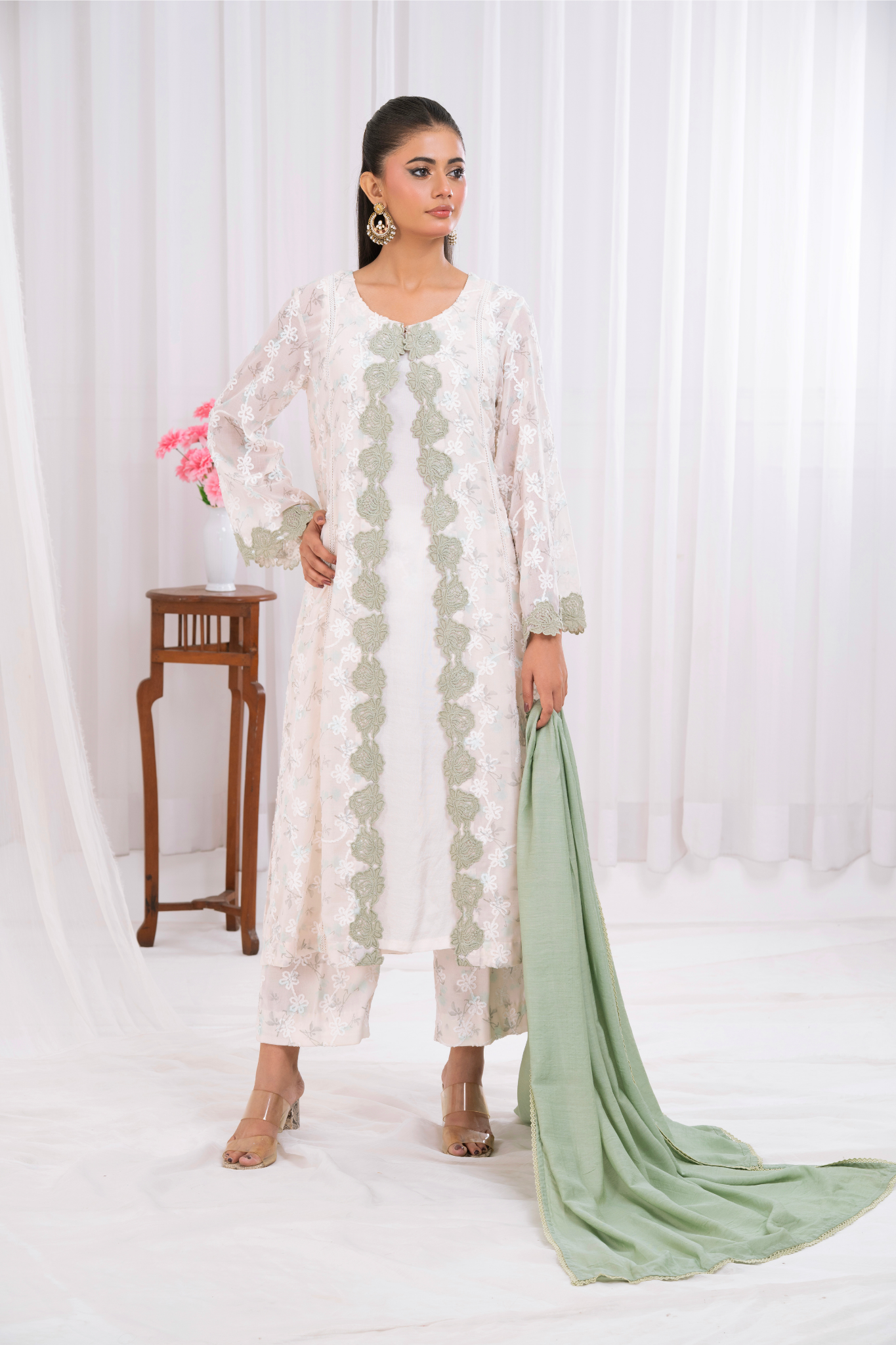 Embroidered Fabric with Apple Green Lace Appliqué