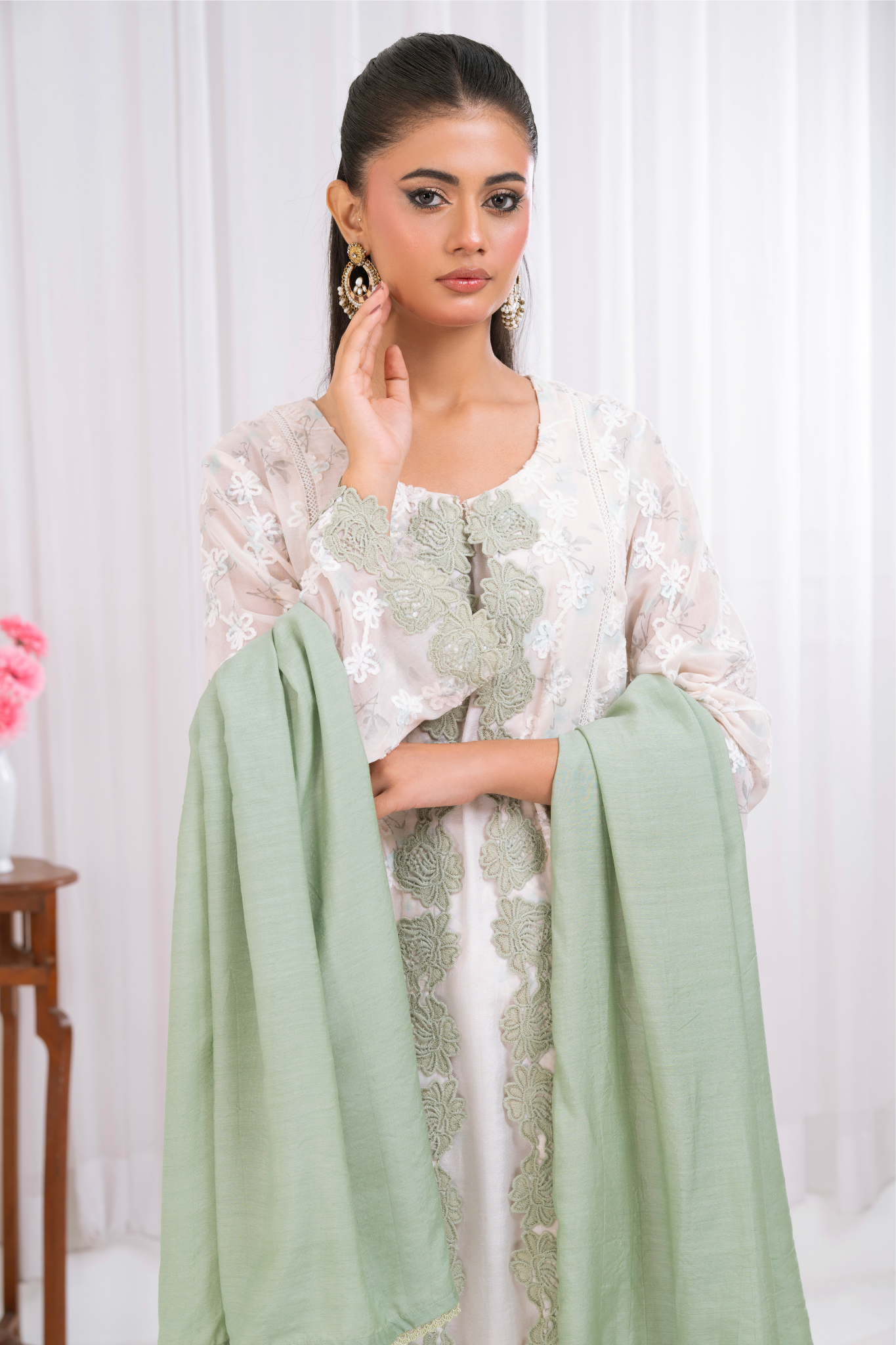 Embroidered Fabric with Apple Green Lace Appliqué