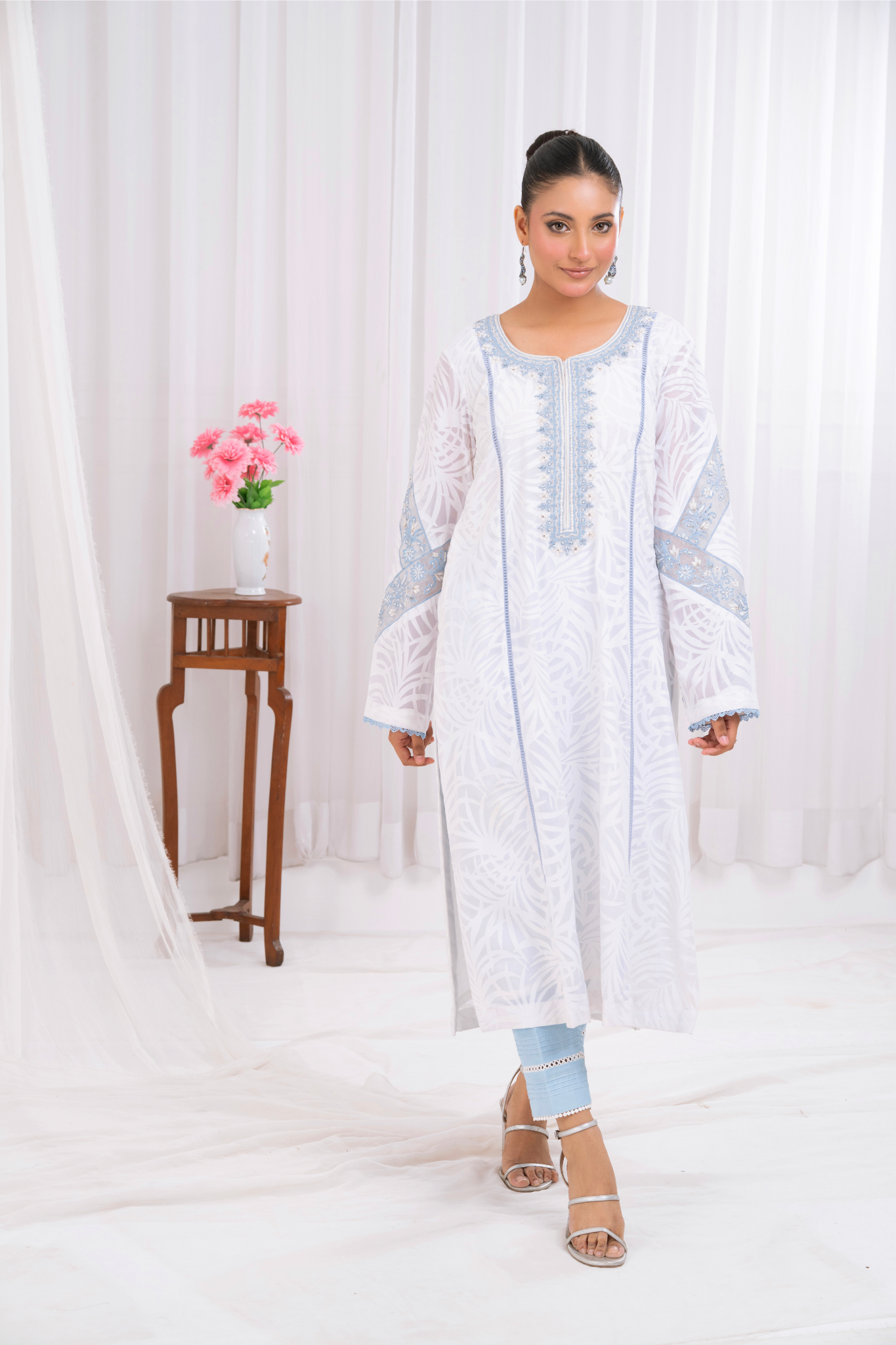 Swiss Lawn self Design with Blue Embroidery