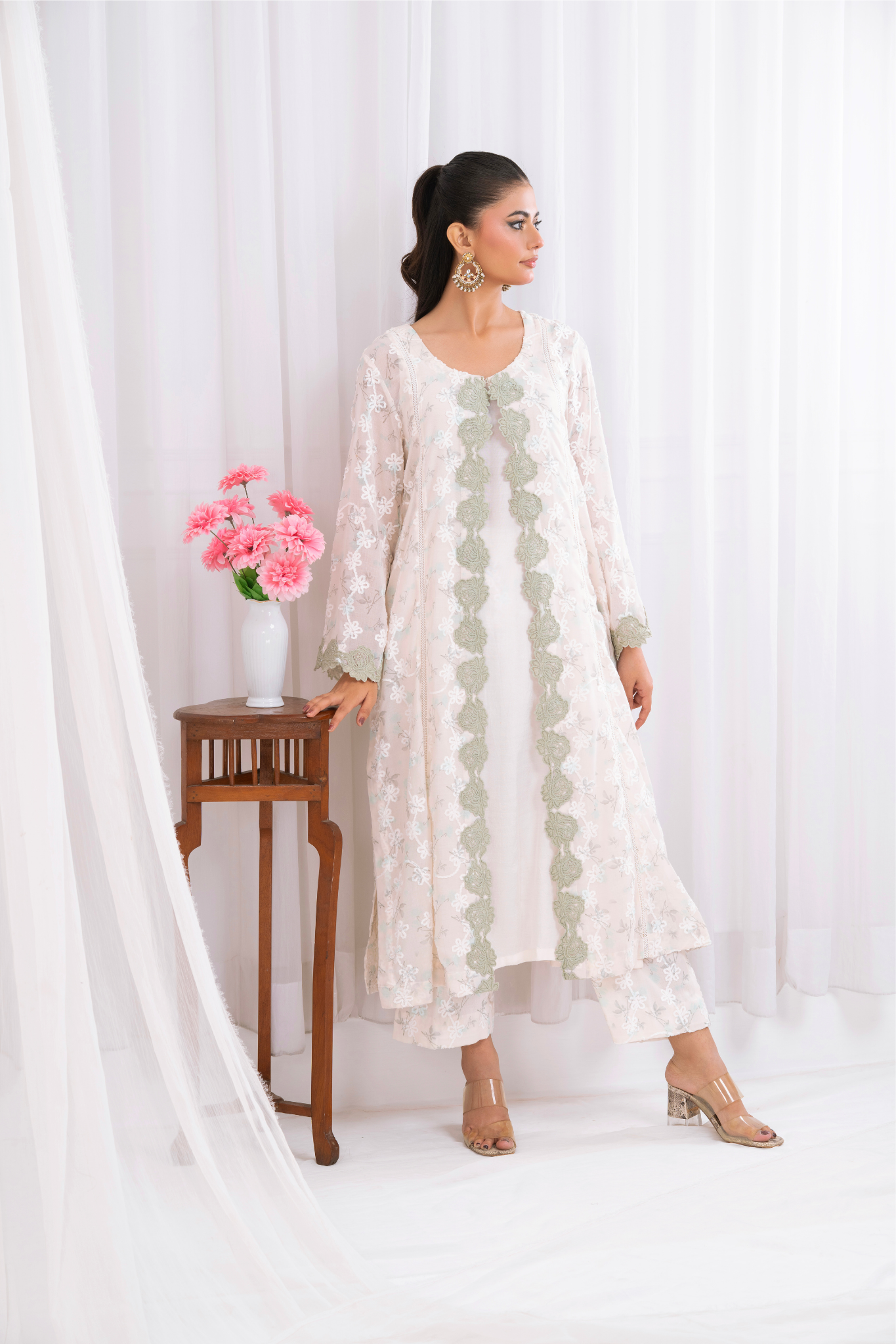 Embroidered Fabric with Apple Green Lace Appliqué