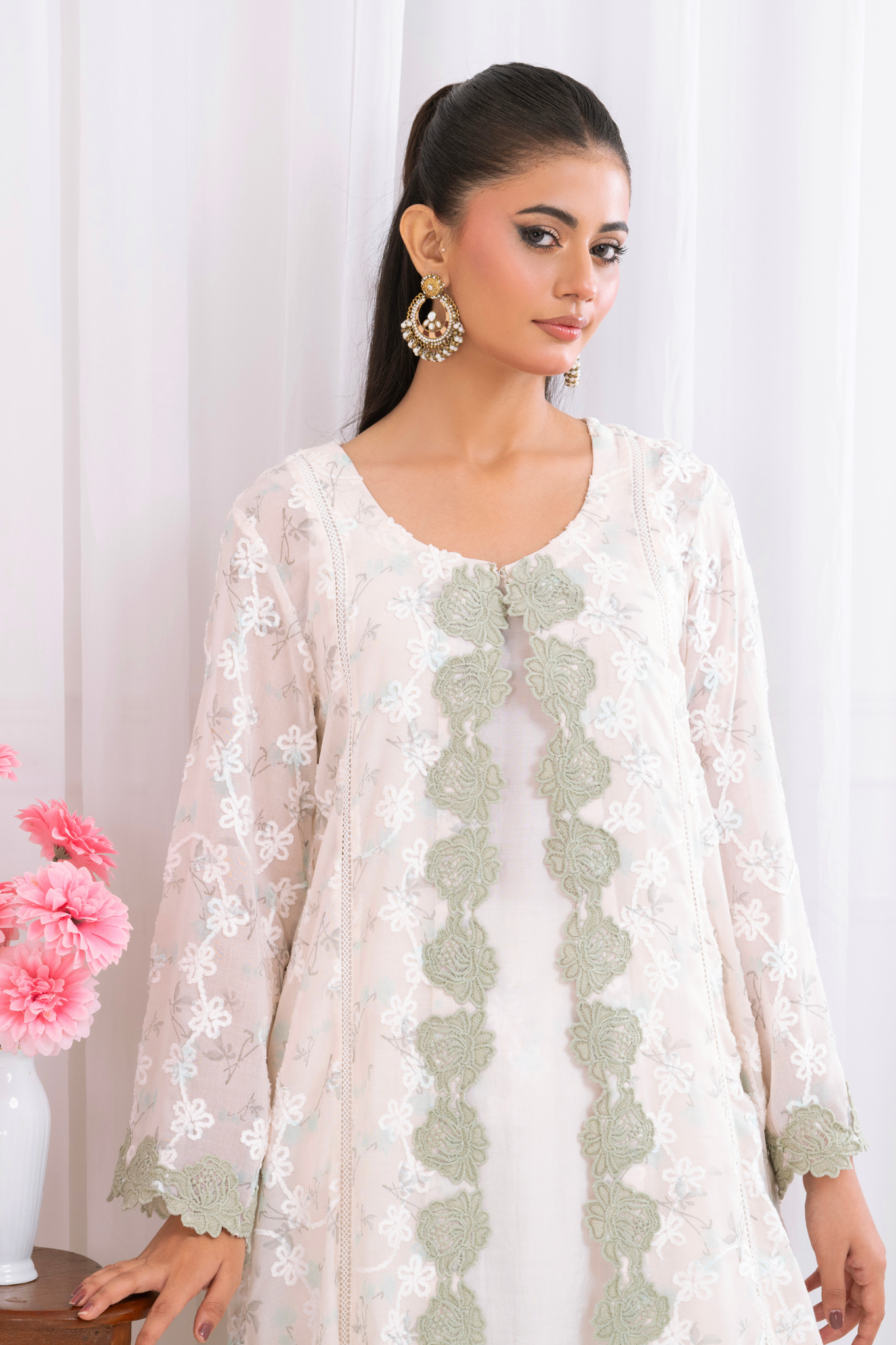 Embroidered Fabric with Apple Green Lace Appliqué