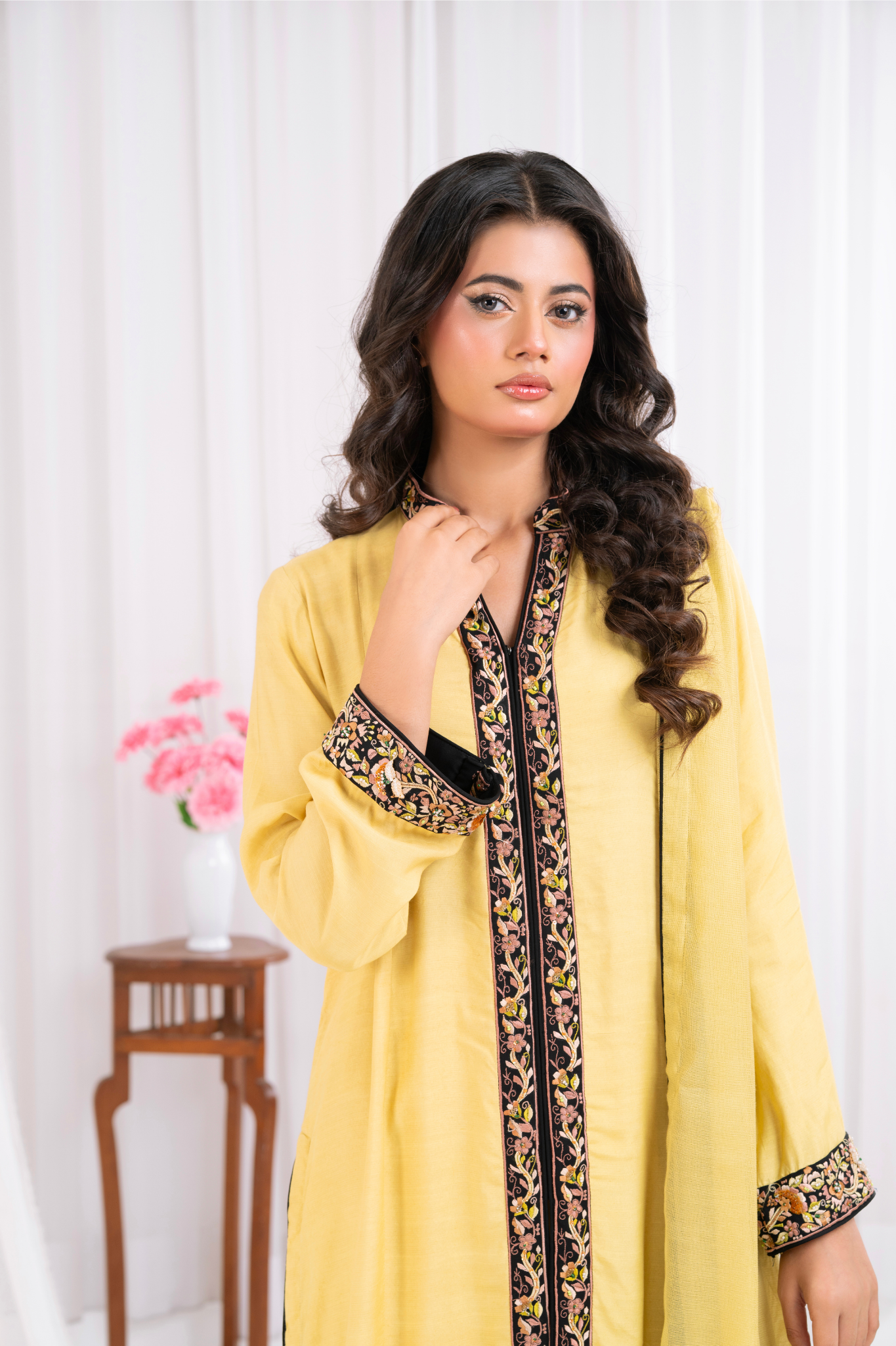 Front open sun yellow with black embroidery