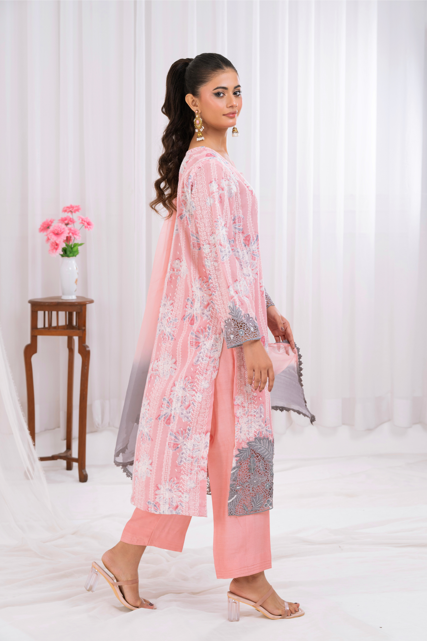 Grey cutwork on pink chicken