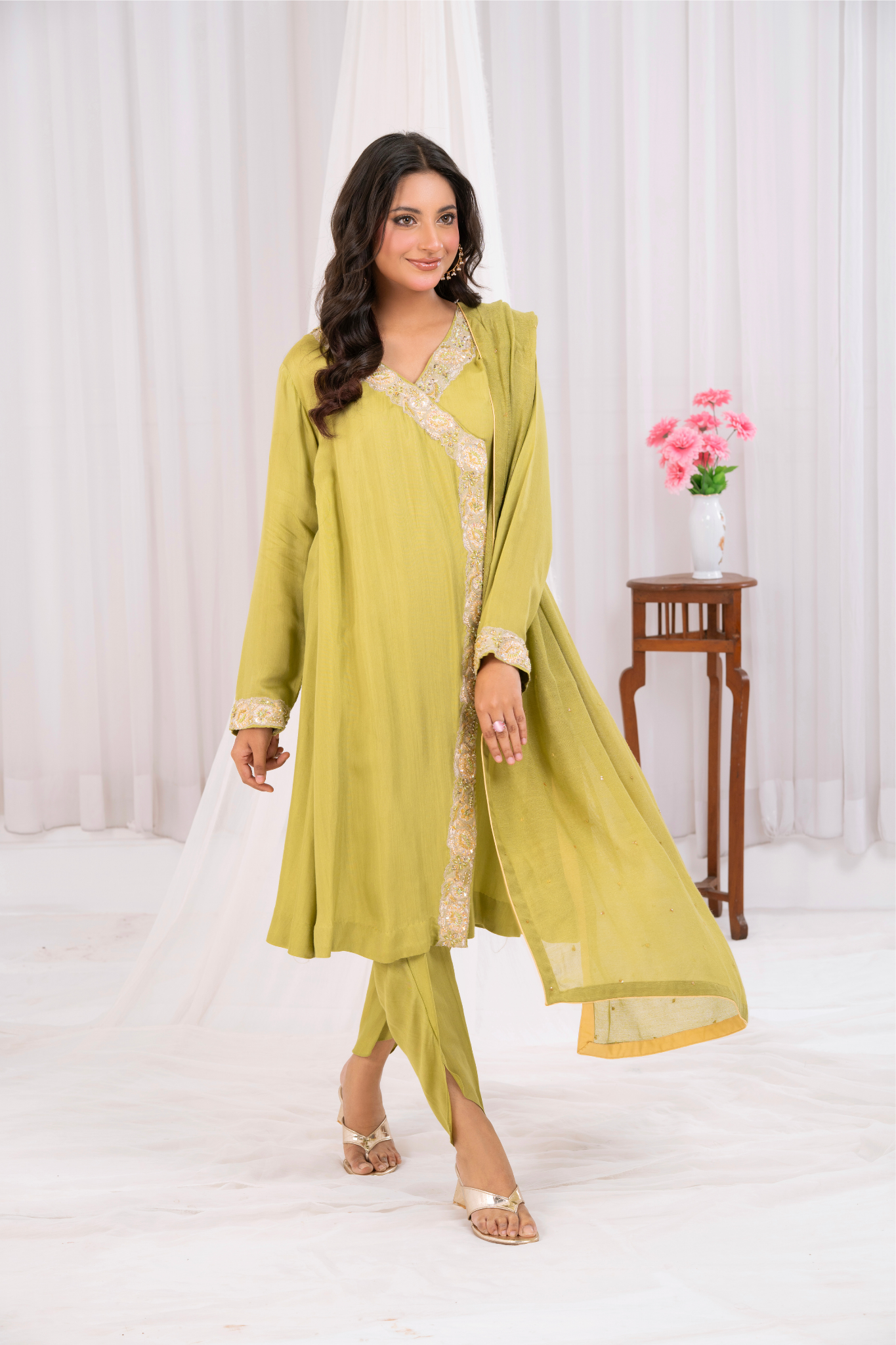 Lime Green Front Open cotton Silk