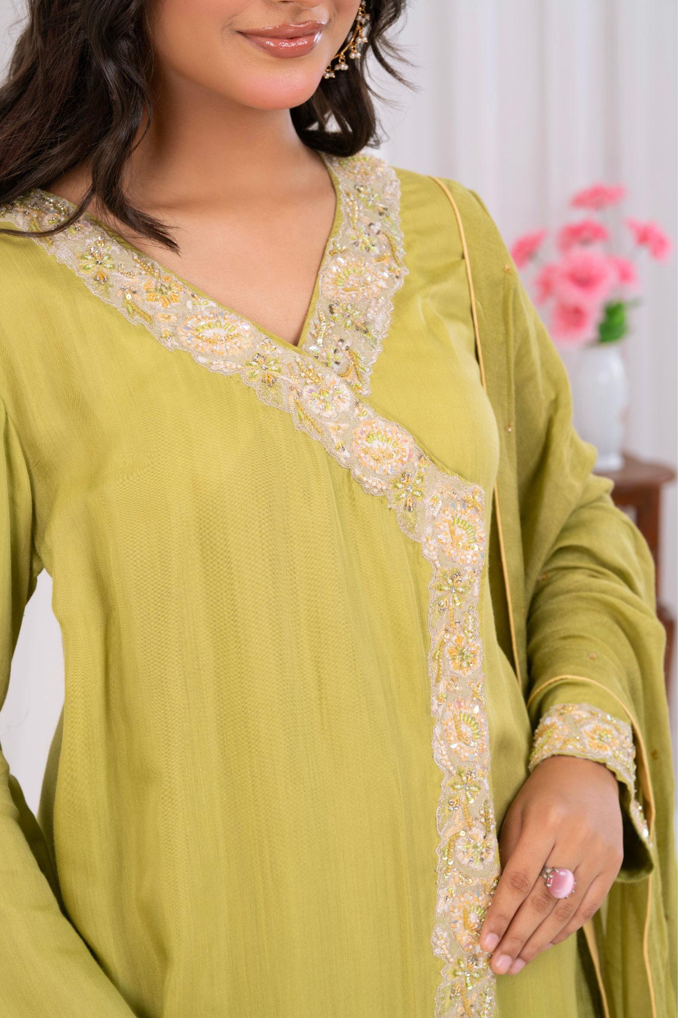 Lime Green Front Open cotton Silk