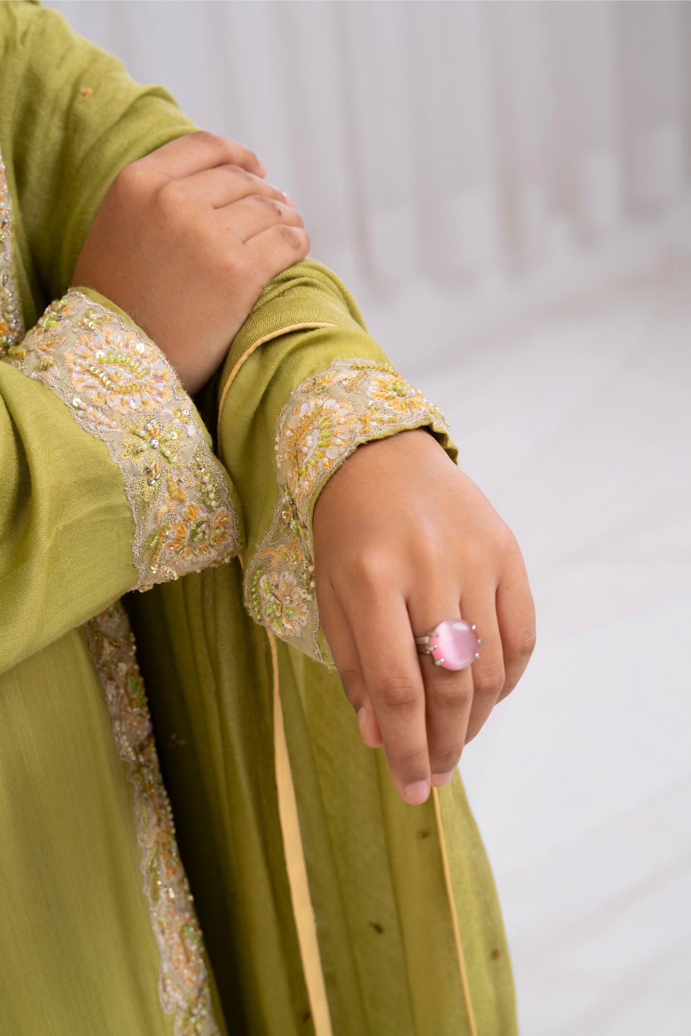 Lime Green Front Open cotton Silk