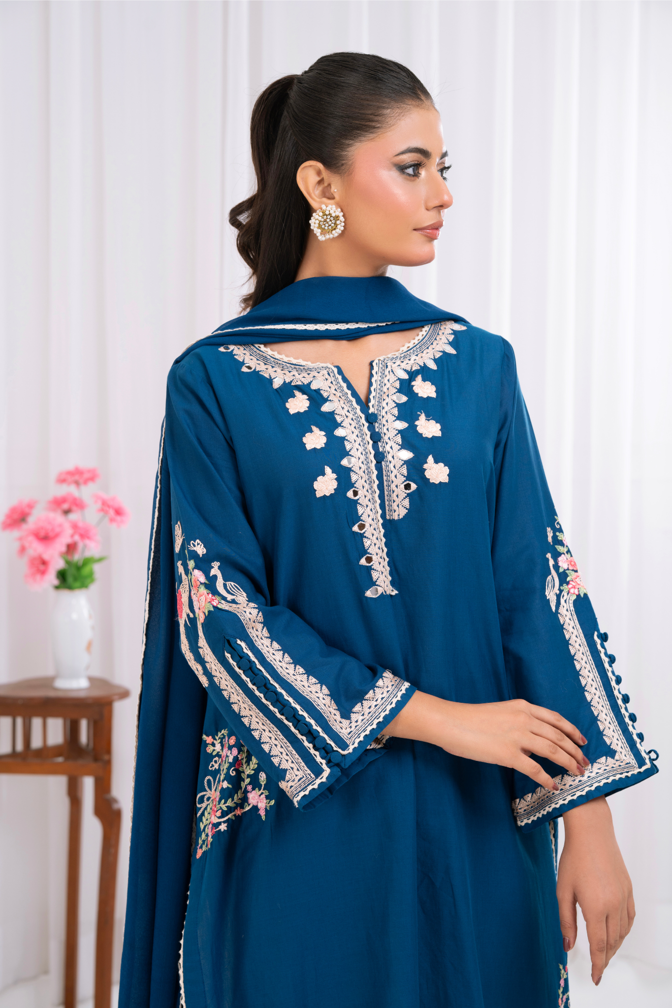 Teal Blue with Mirror Work and Embroidery