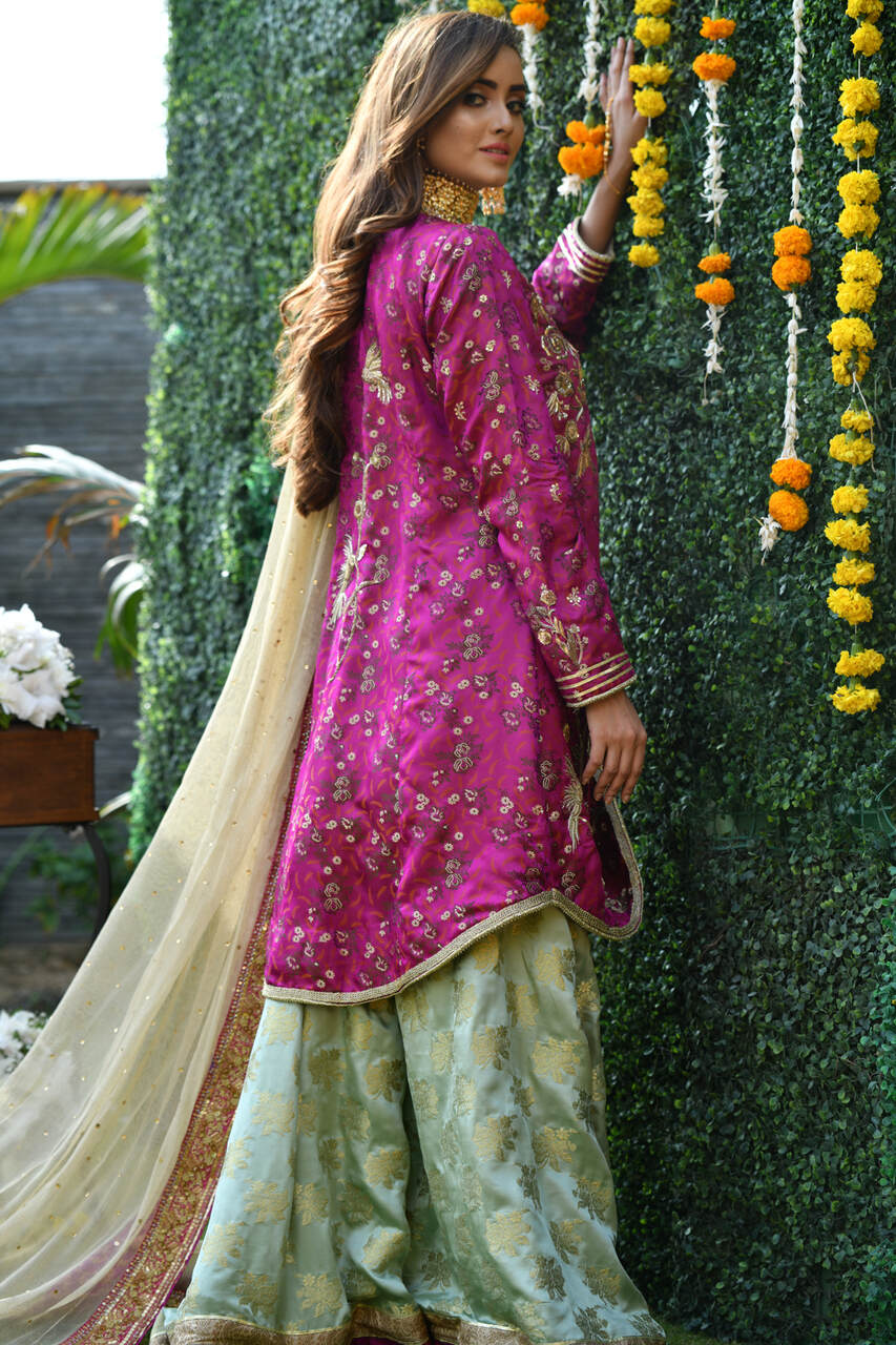 Pink Jamawar Angarkha with mint dhaka pajama