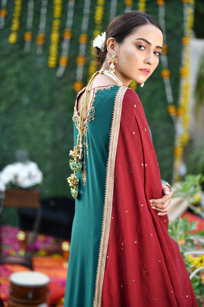 Teal with Maroon Dupatta