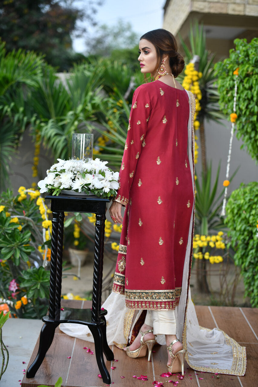 Maroon raw silk with net dupatta