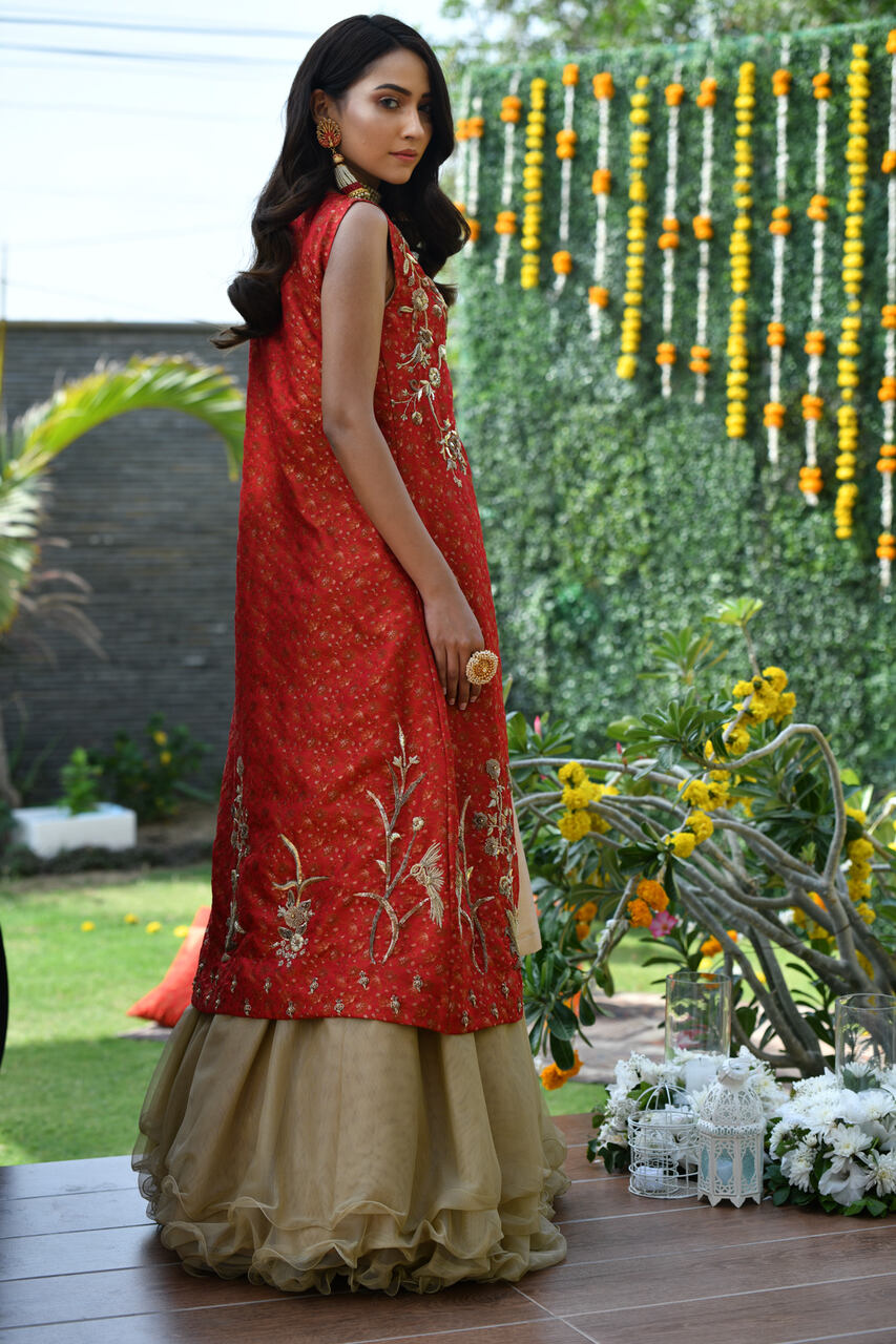 Rusty Red Jamawar front open coat with golden net lehenga