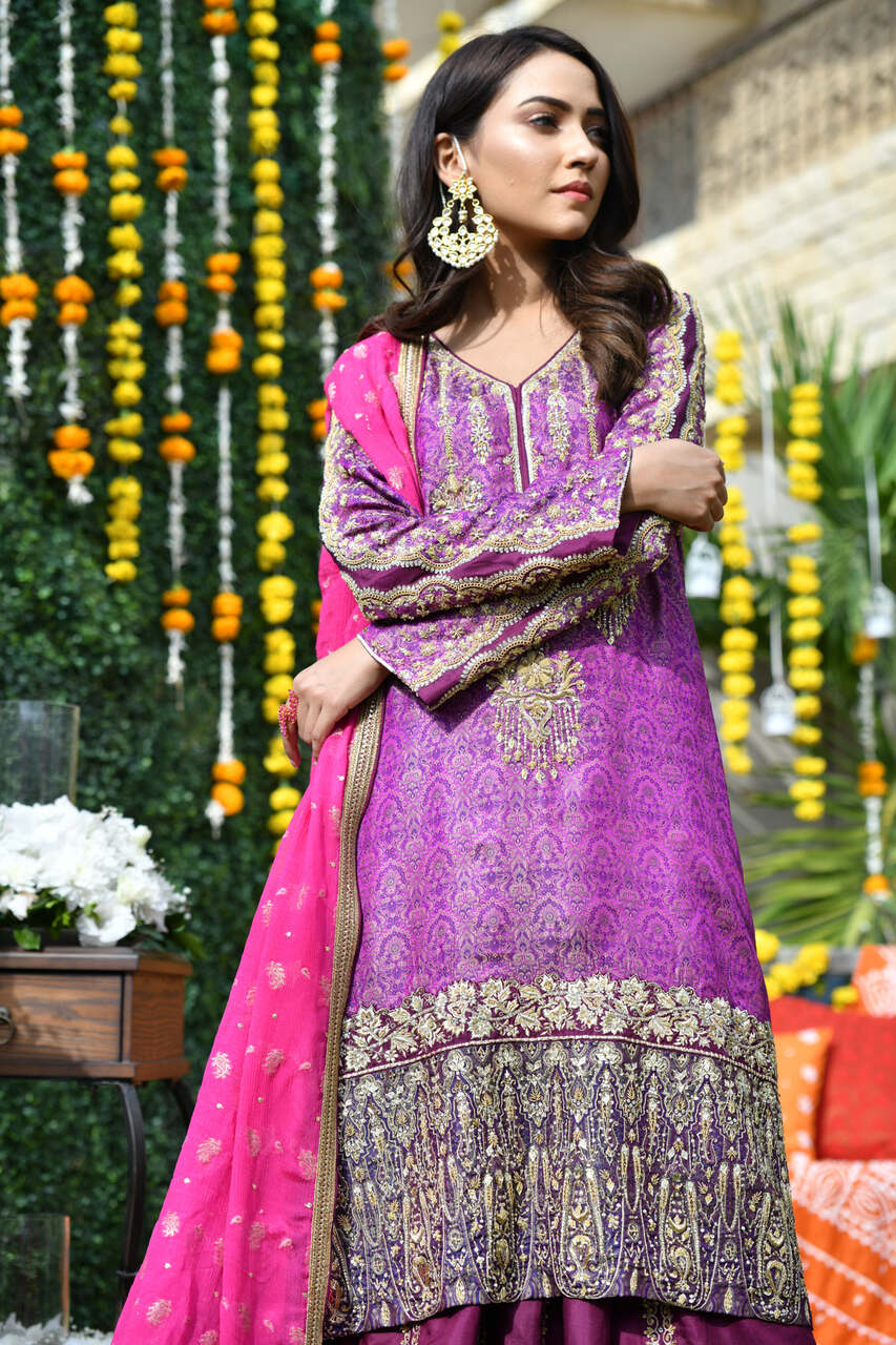 Pink and Purple Jamawar farshi lehenga