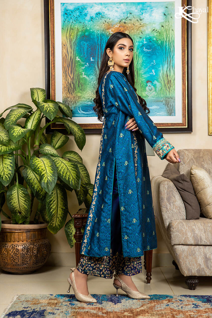 Dark blue jamawar with sea green katan dupatta