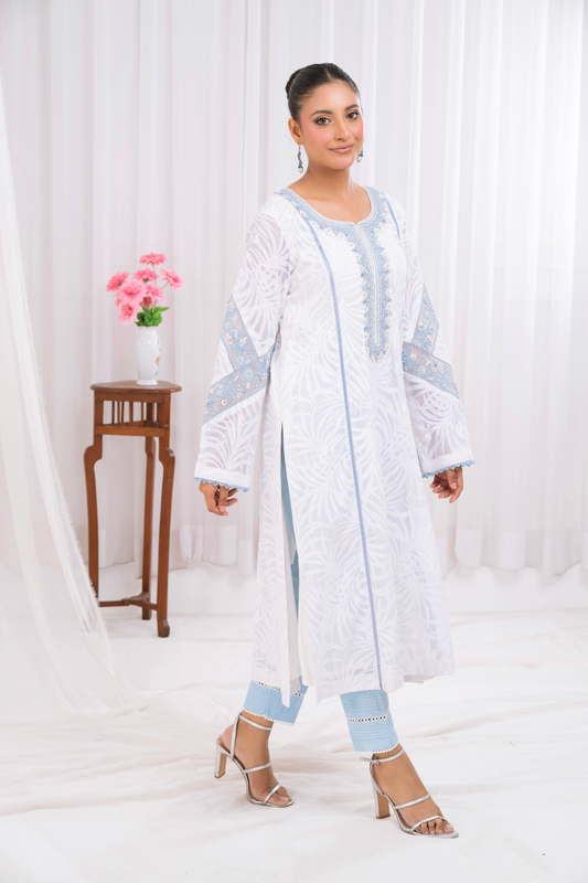 Swiss Lawn self Design with Blue Embroidery