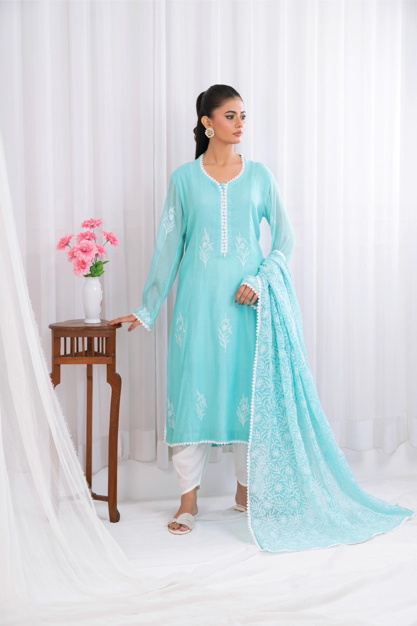 Blue shadow Dupatta with silk net Embroided Shirt