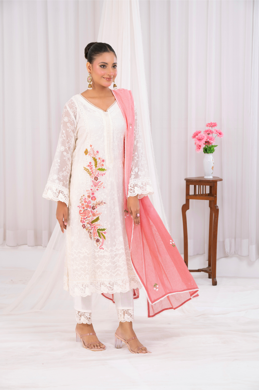 White Teal Net with Peach Motif