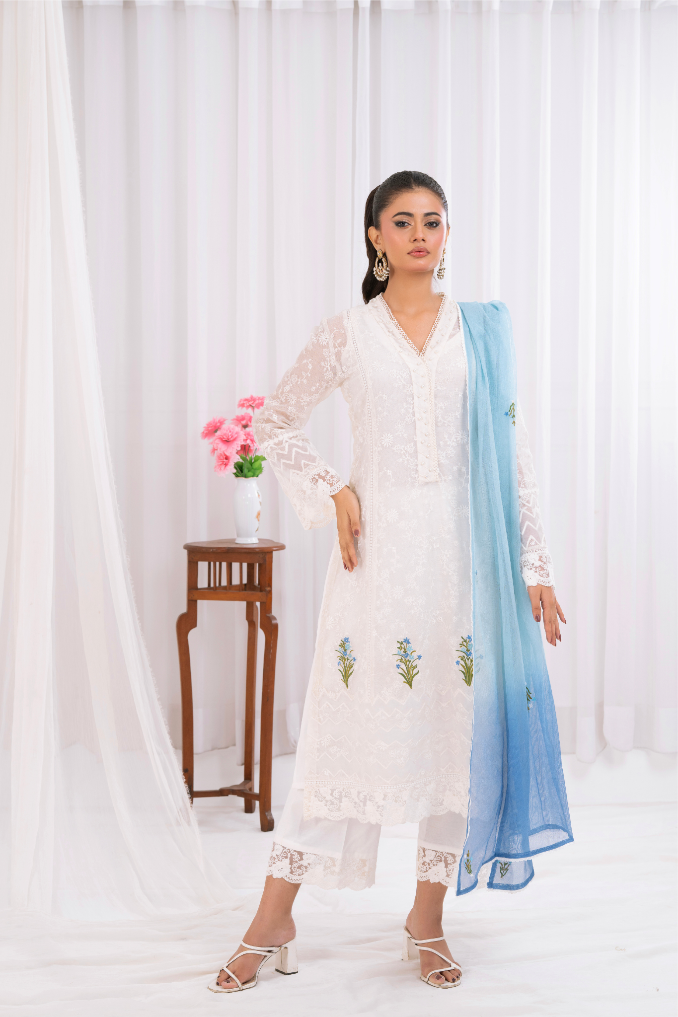 White Teal Net with Blue Motif