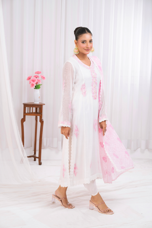 Pink Shadow Dupatta with Silk Net Embroidered Shirt