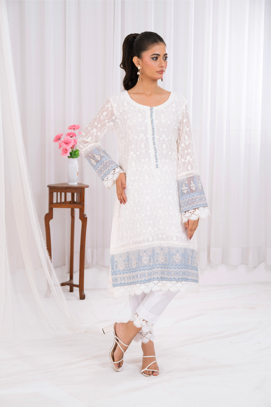 Pearl white embroidered net