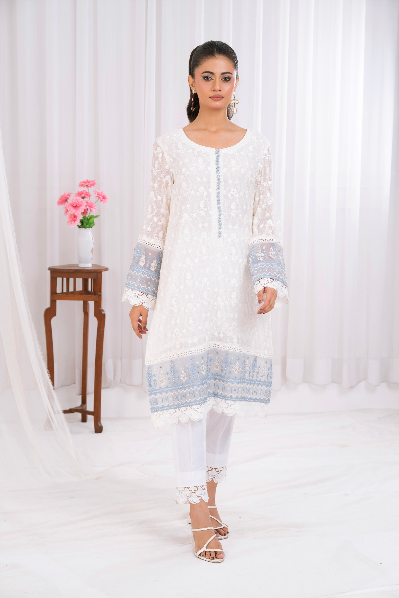 Pearl white embroidered net