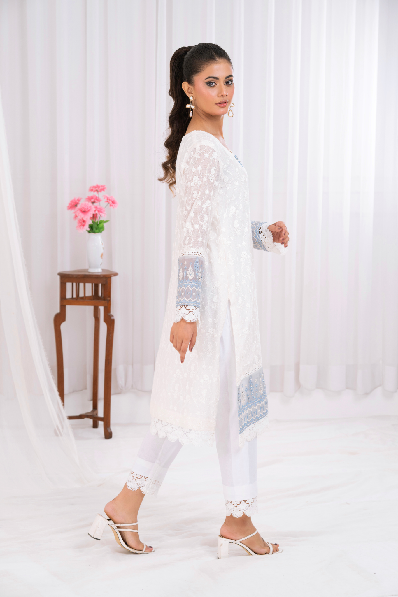 Pearl white embroidered net
