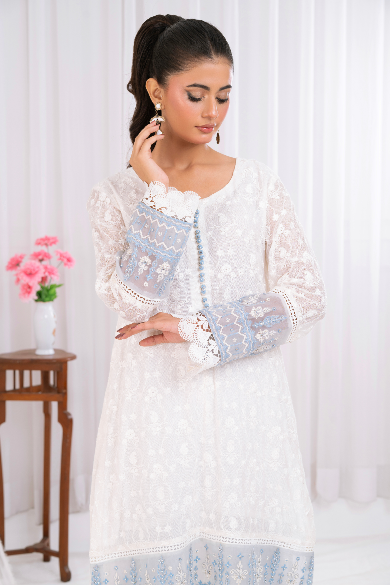 Pearl white embroidered net
