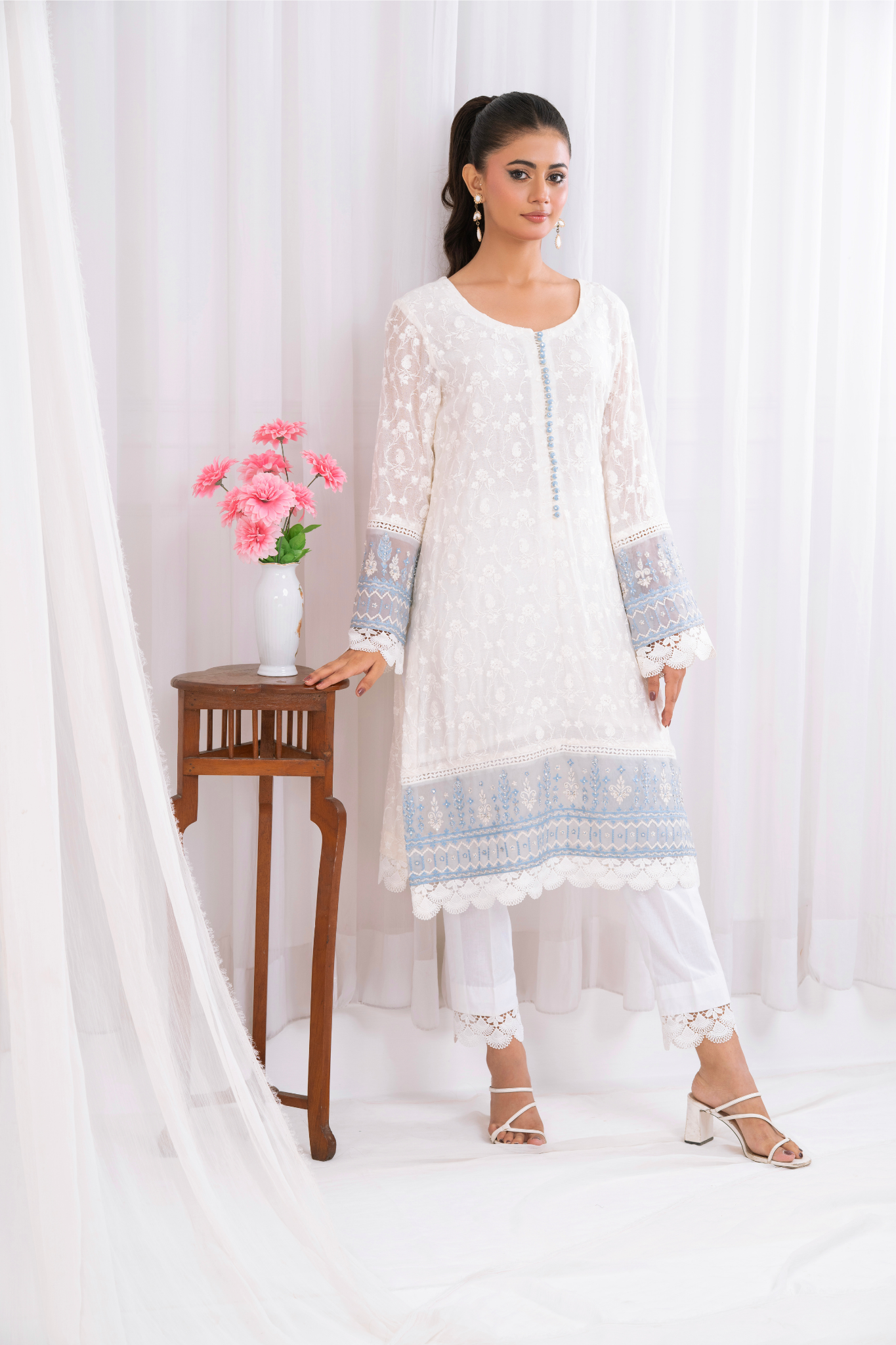 Pearl white embroidered net