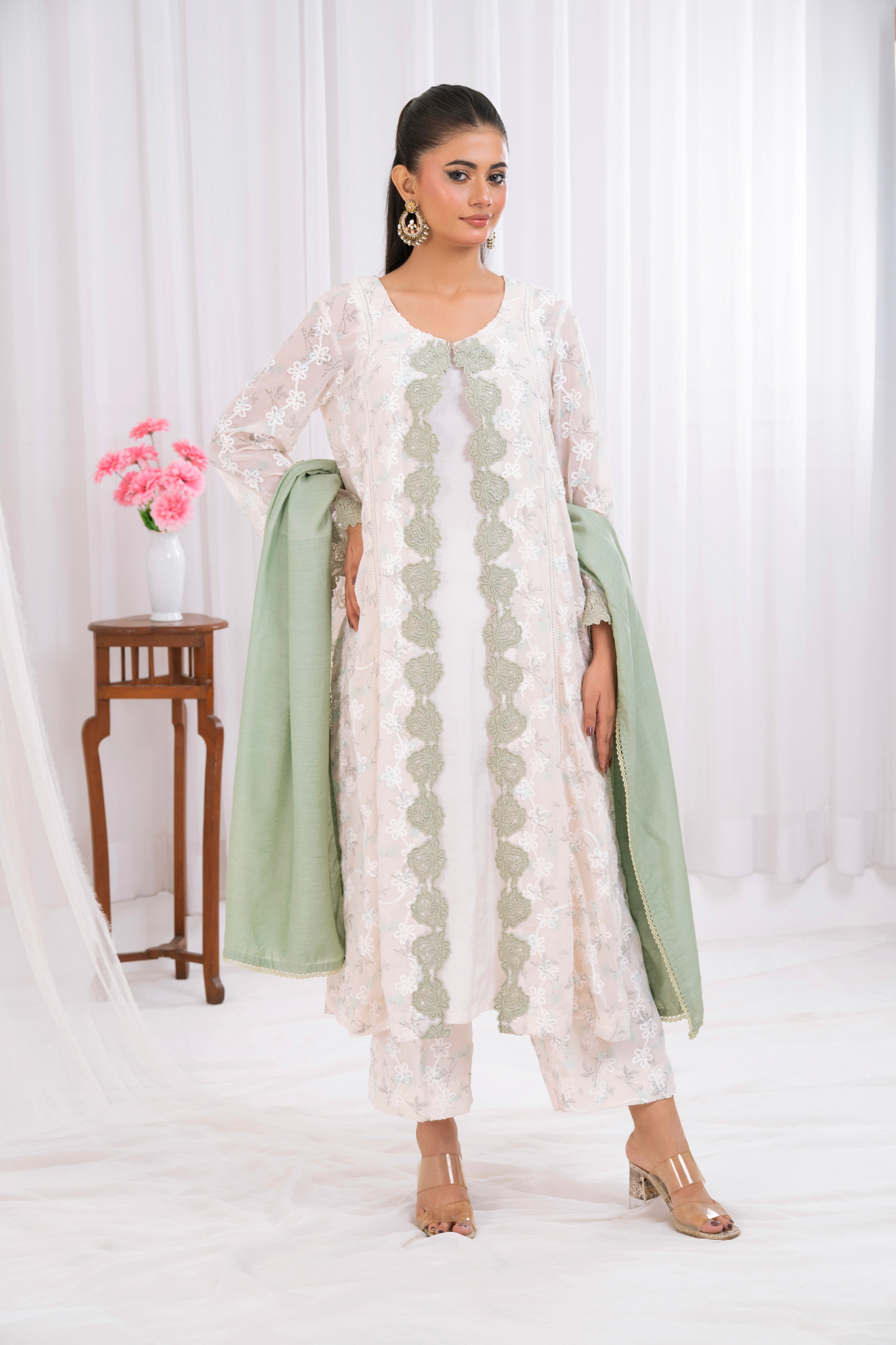 Embroidered Fabric with Apple Green Lace Appliqué