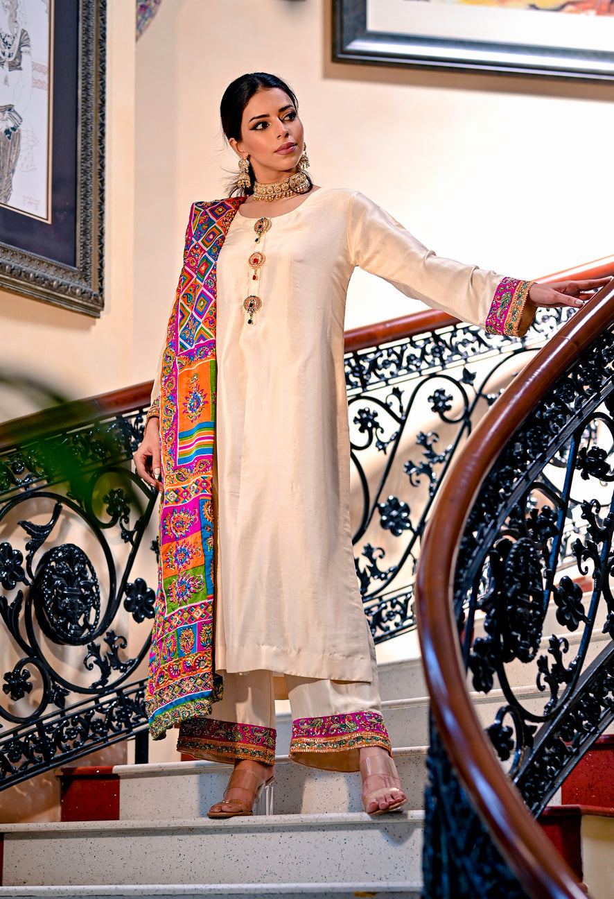 Off-White with Multi-coloured dupatta