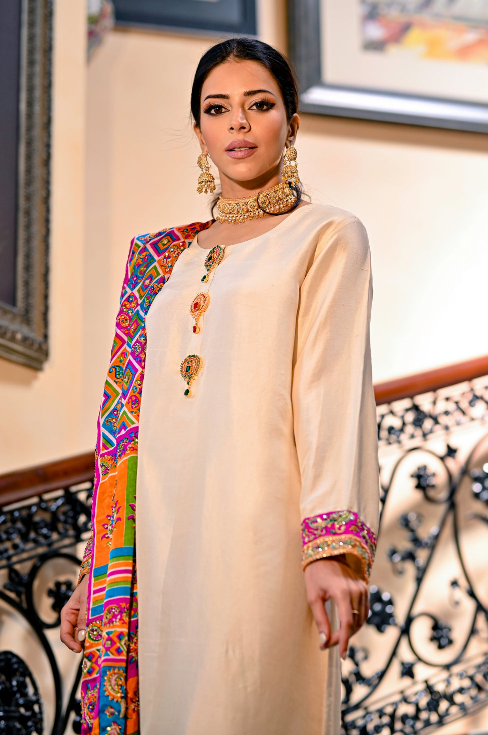 Off-White with Multi-coloured dupatta