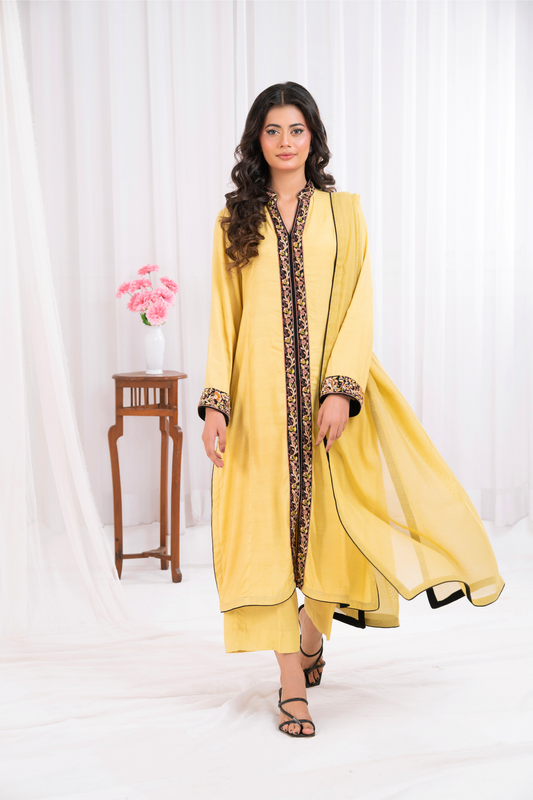Front open sun yellow with black embroidery