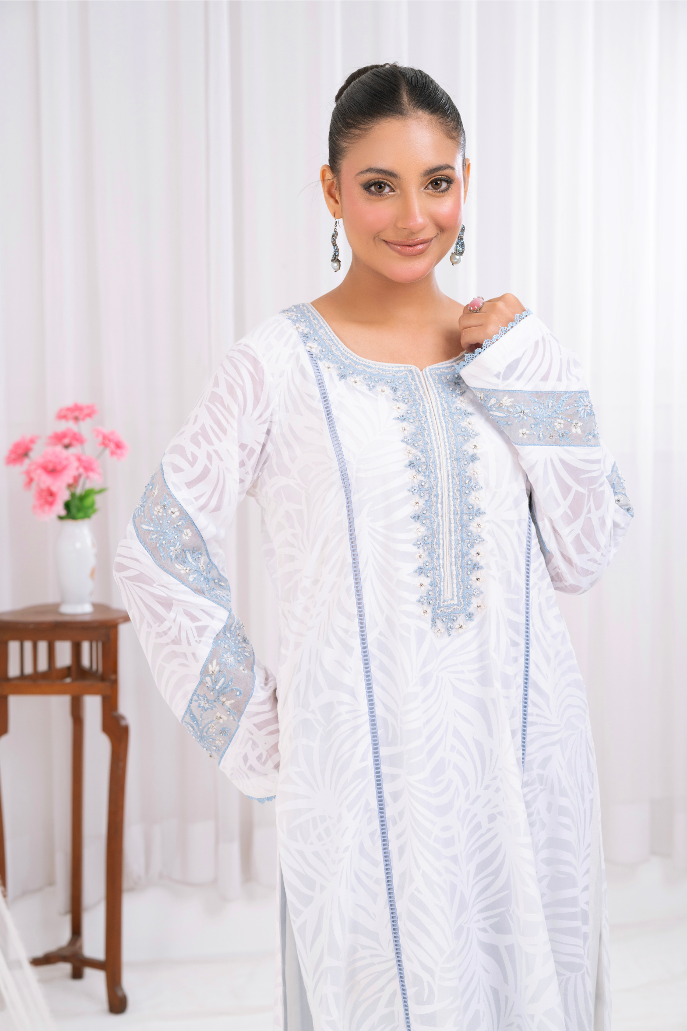Swiss Lawn self Design with Blue Embroidery