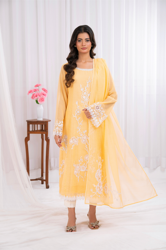 Lemon yellow khaddi net with arri work embroidery