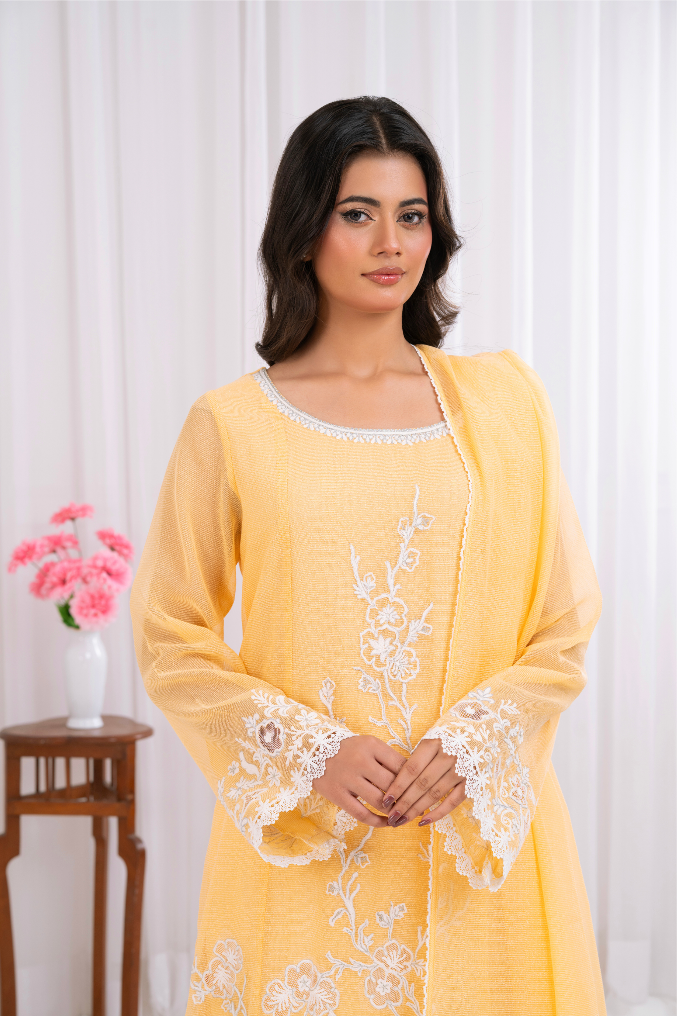 Lemon yellow khaddi net with arri work embroidery