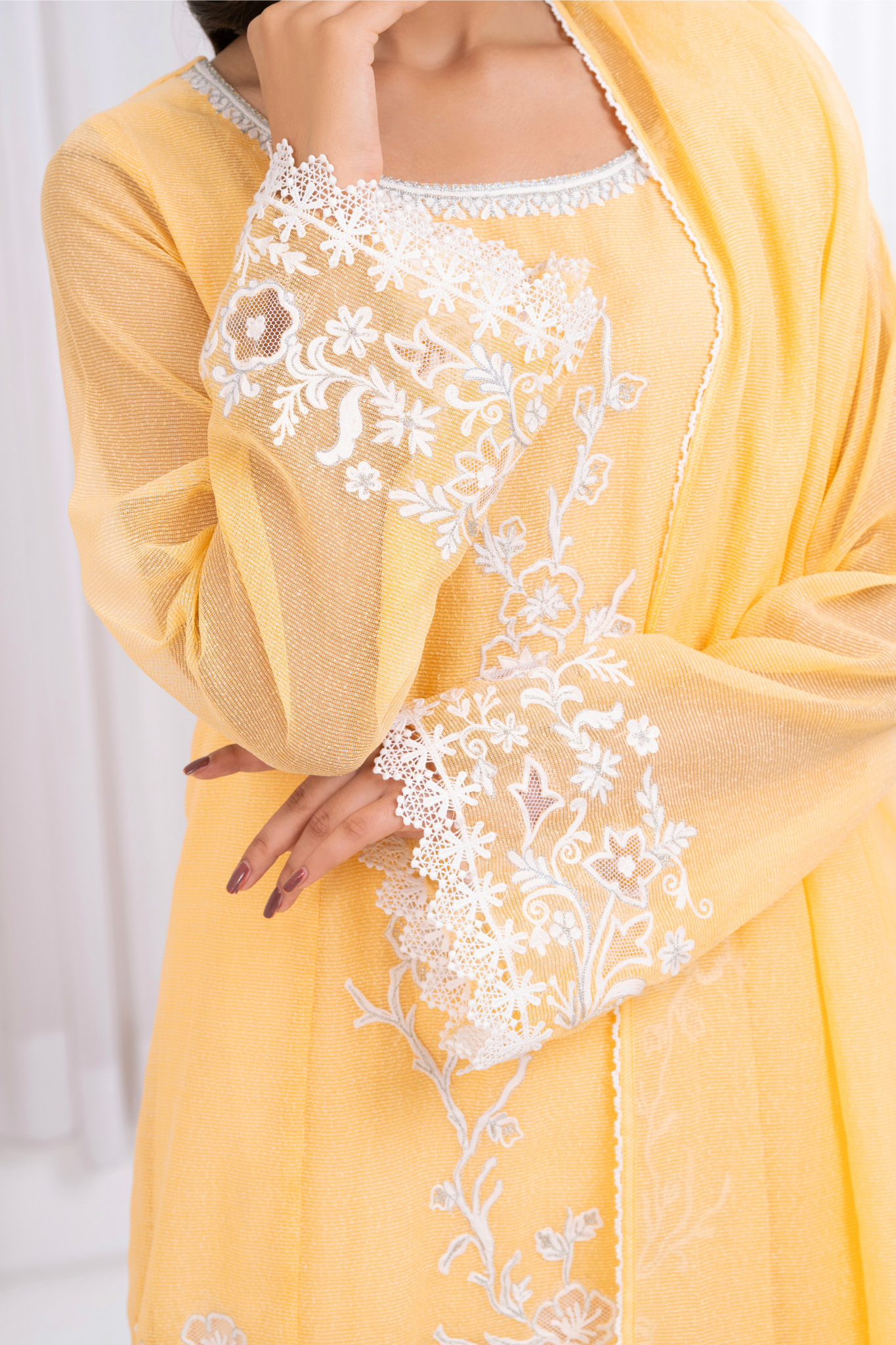 Lemon yellow khaddi net with arri work embroidery