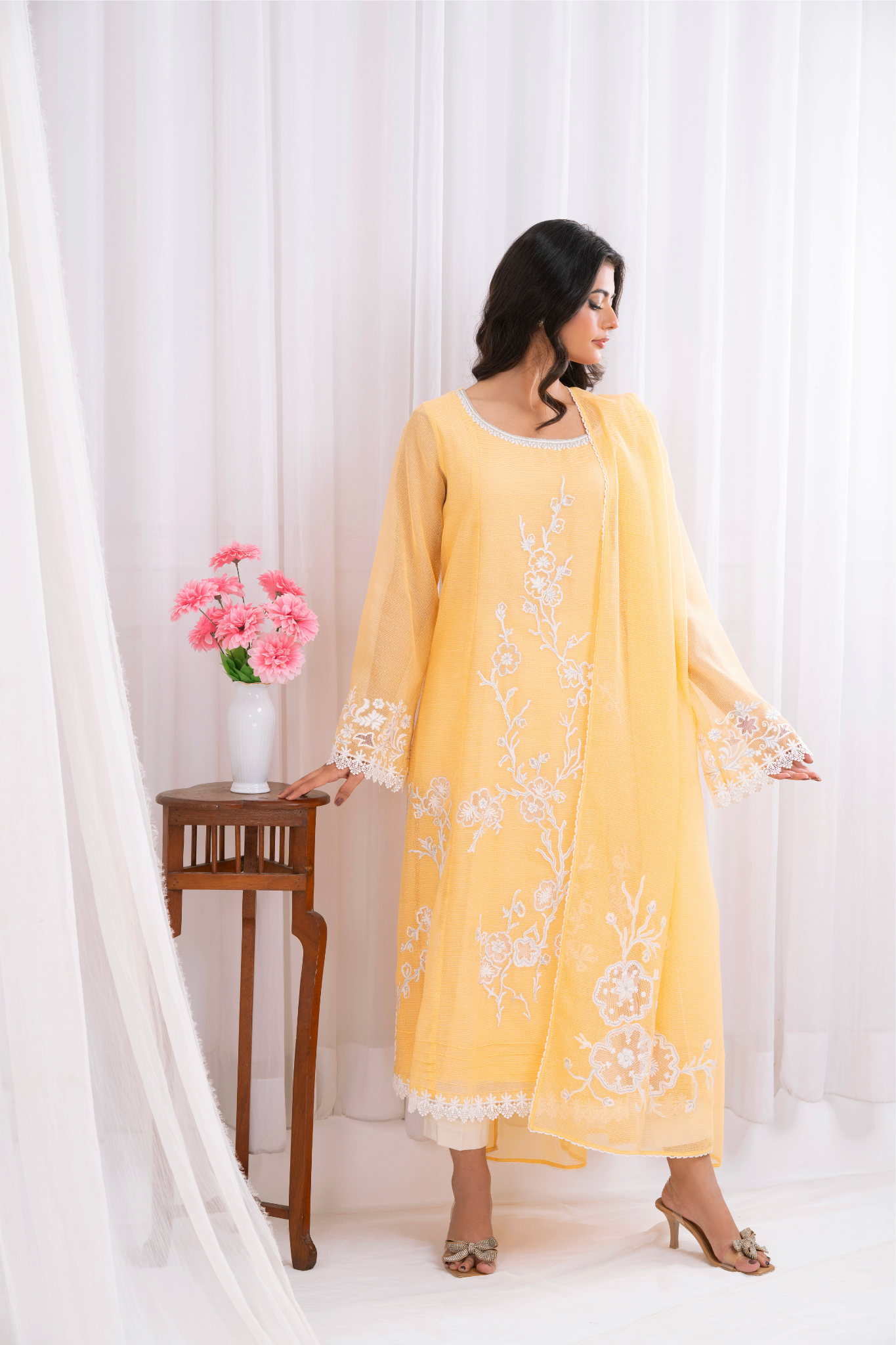 Lemon yellow khaddi net with arri work embroidery