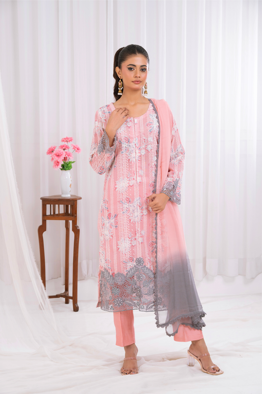 Grey cutwork on pink chicken