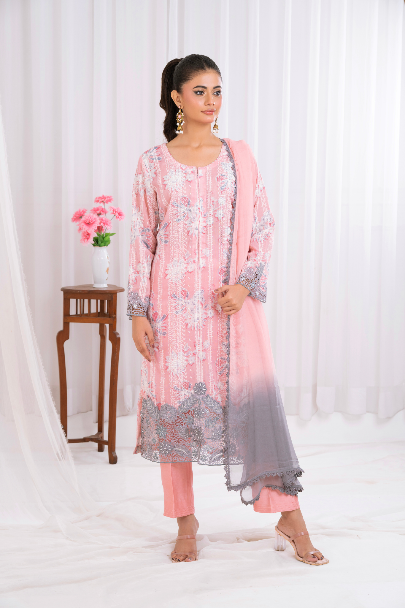 Grey cutwork on pink chicken