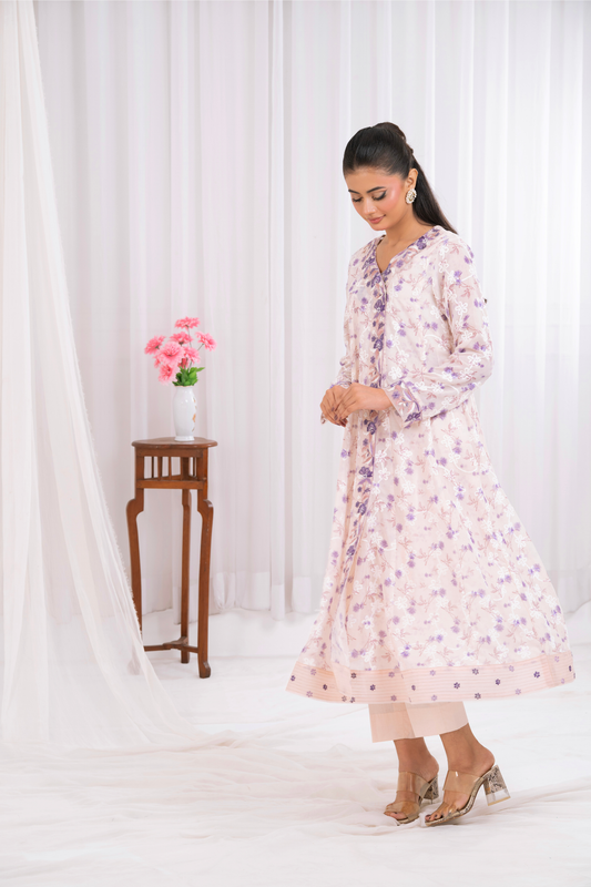 Blush pink Swiss lawn with purple chicken  angarkha style shirt