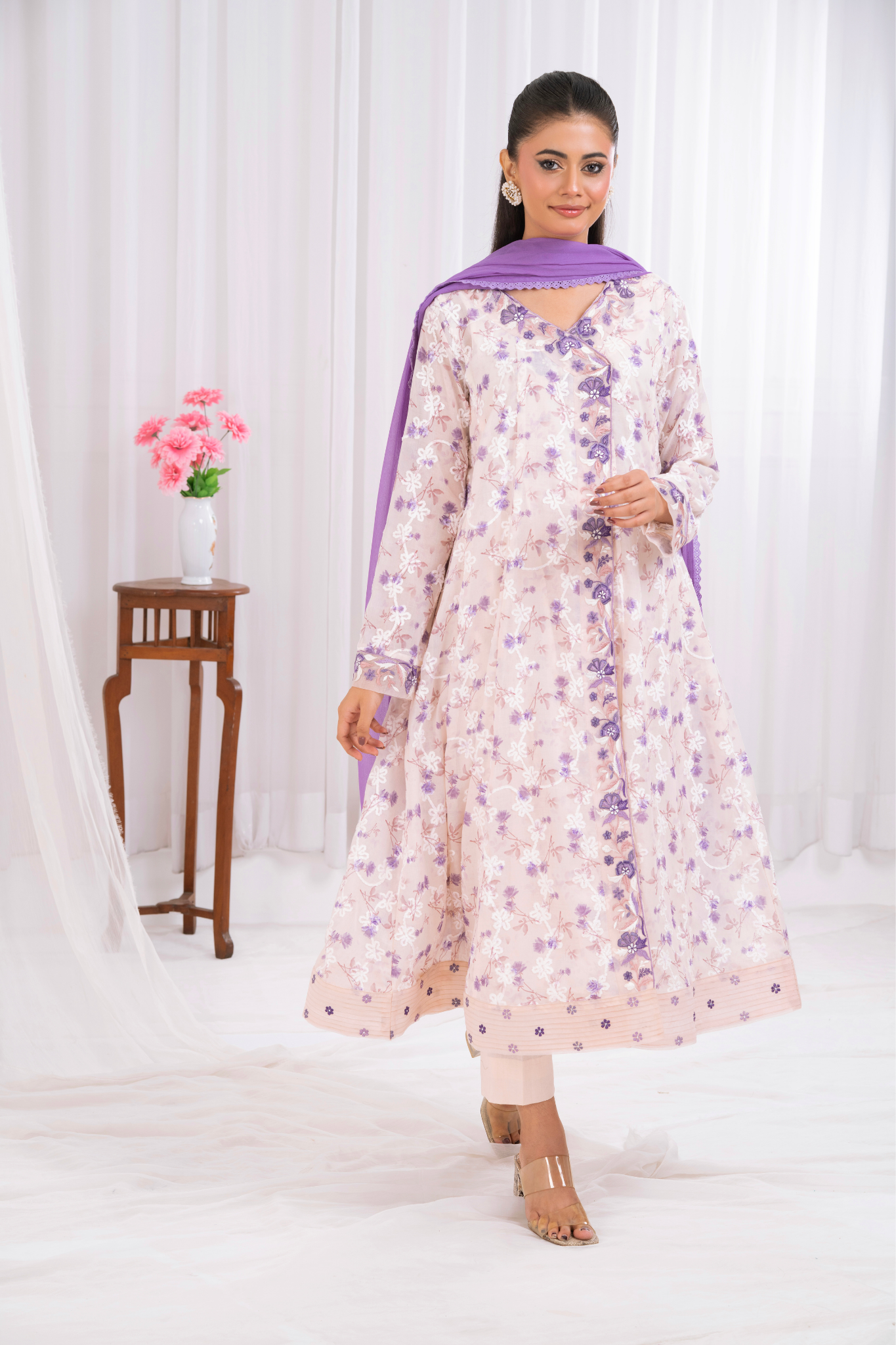 Blush pink Swiss lawn with purple chicken  angarkha style shirt