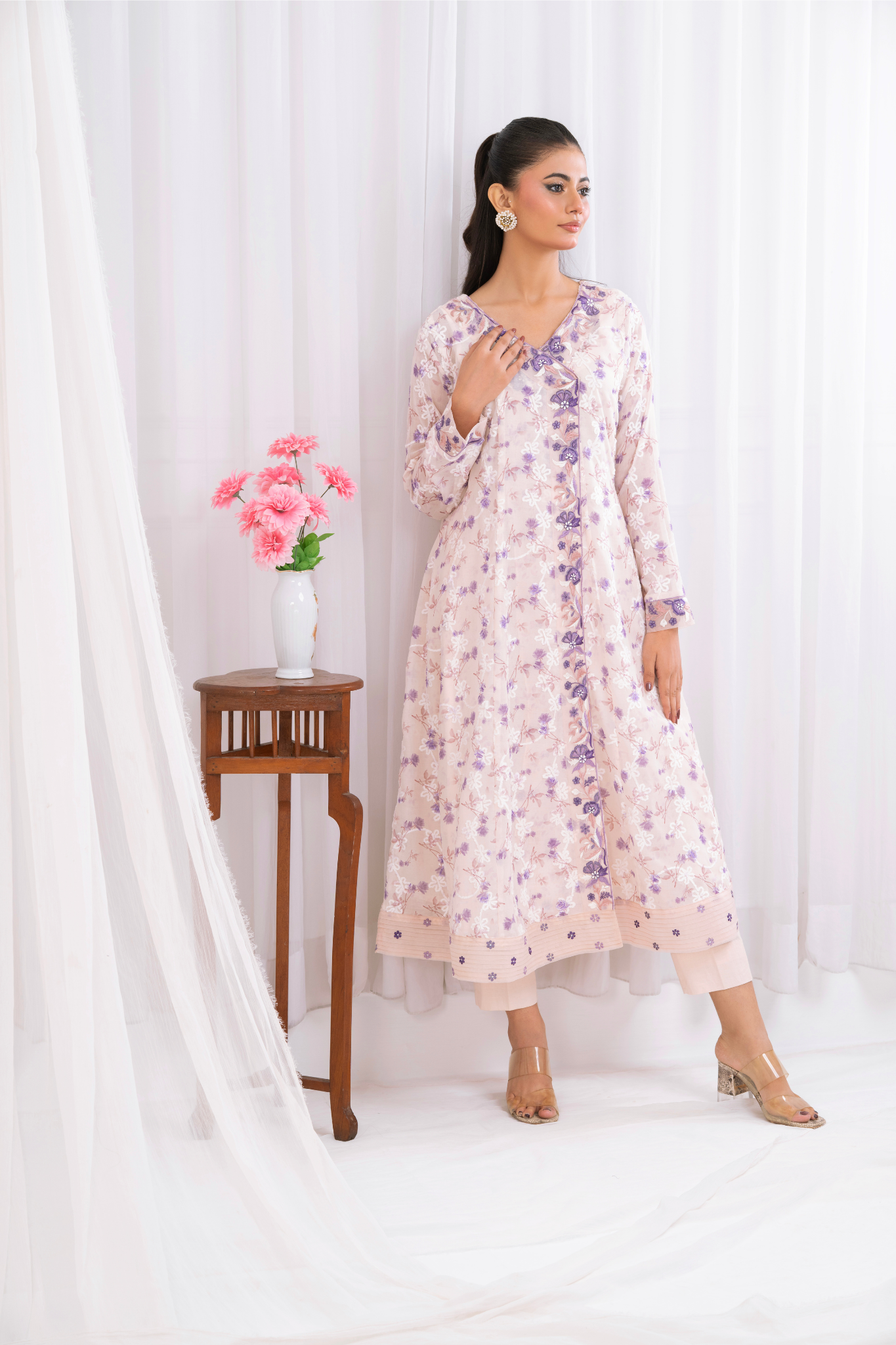 Blush pink Swiss lawn with purple chicken  angarkha style shirt