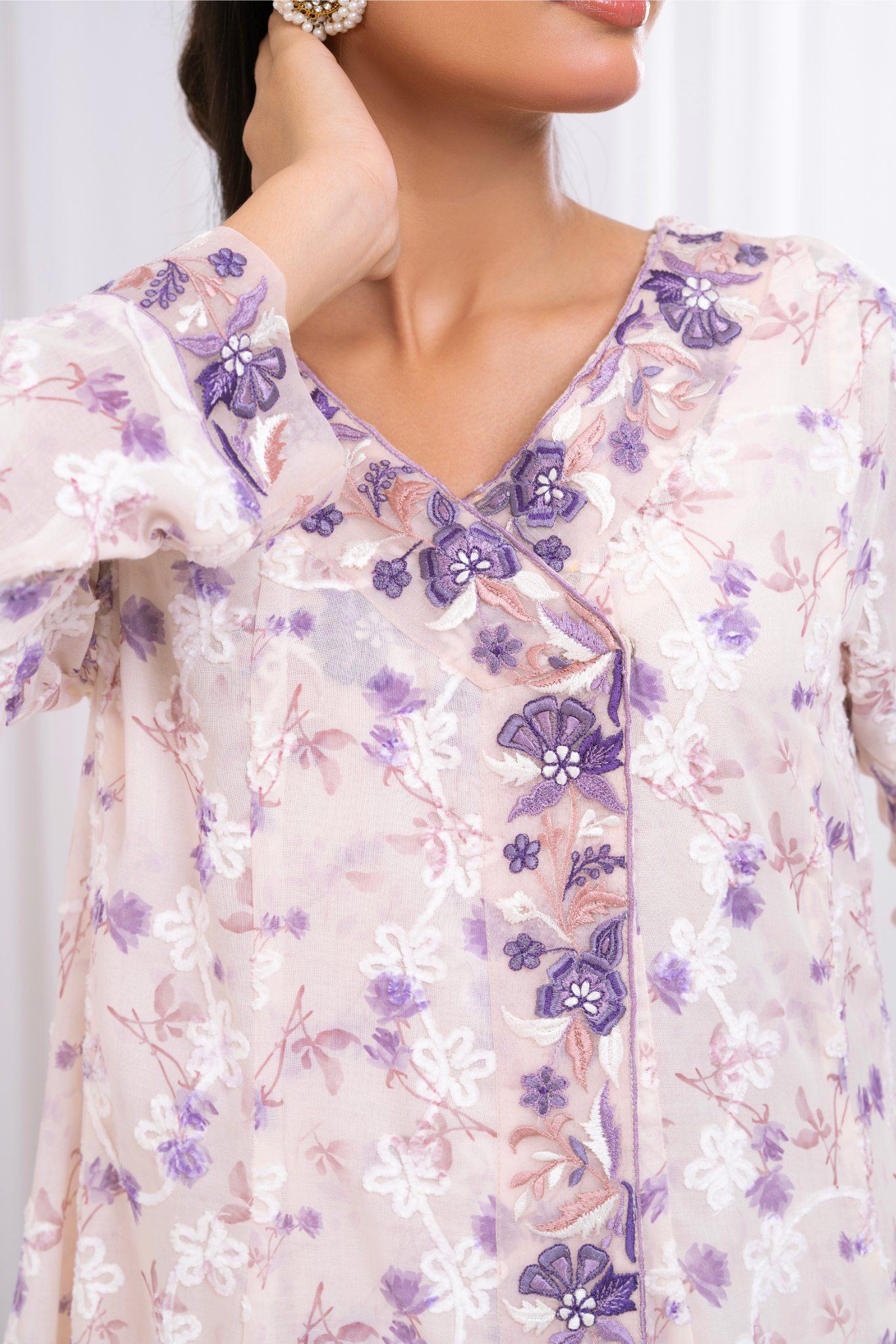 Blush pink Swiss lawn with purple chicken  angarkha style shirt