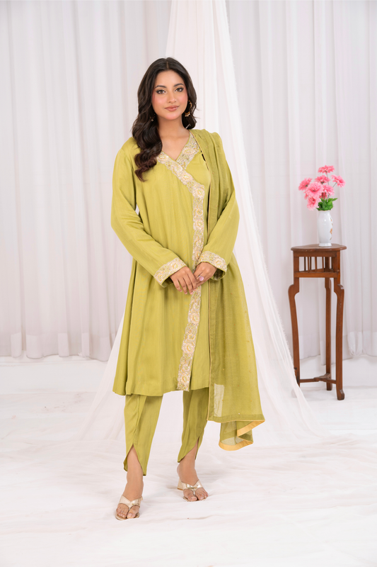 Lime Green Front Open cotton Silk