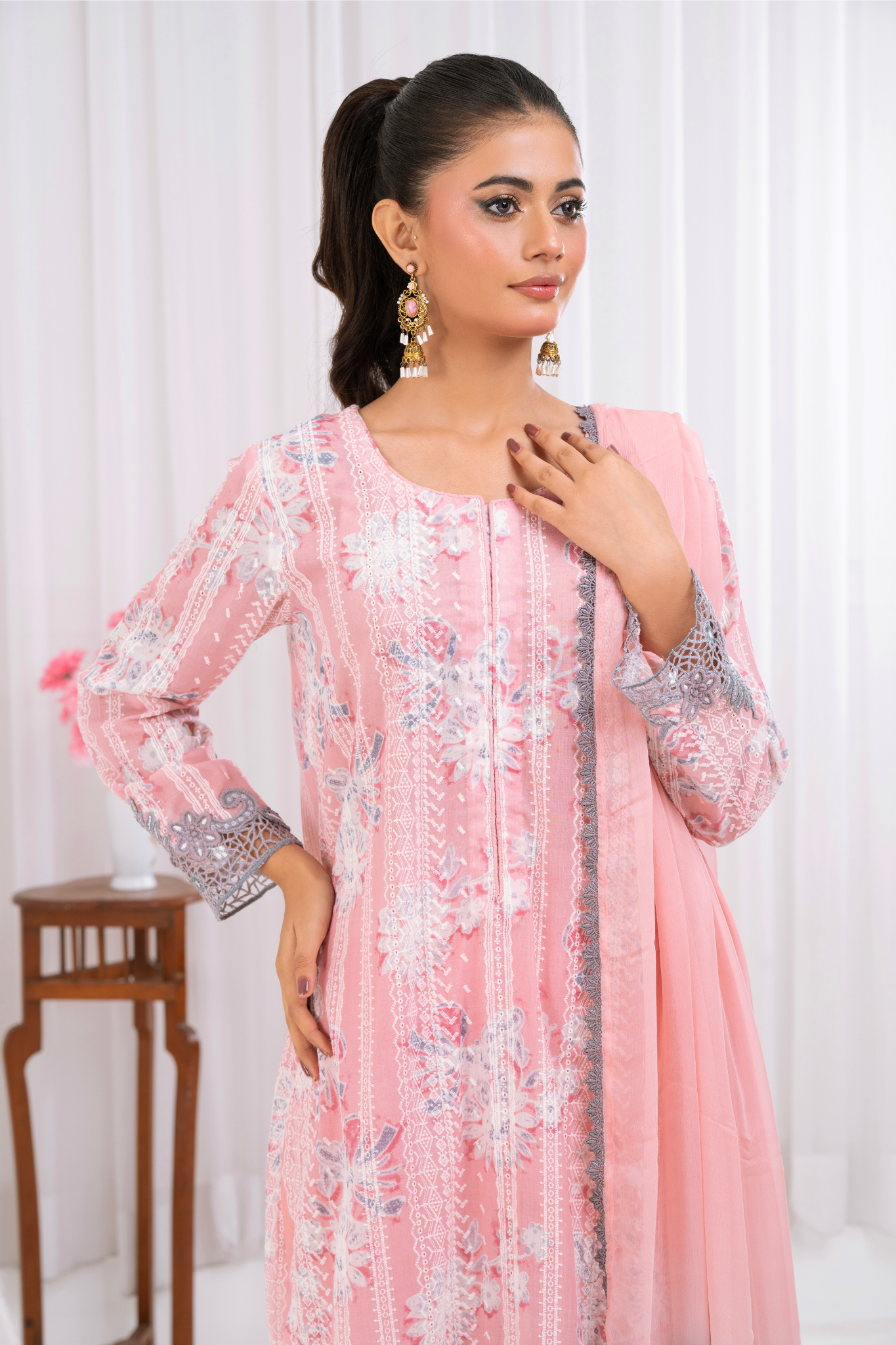 Grey cutwork on pink chicken