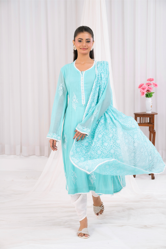 Blue shadow Dupatta with silk net Embroided Shirt