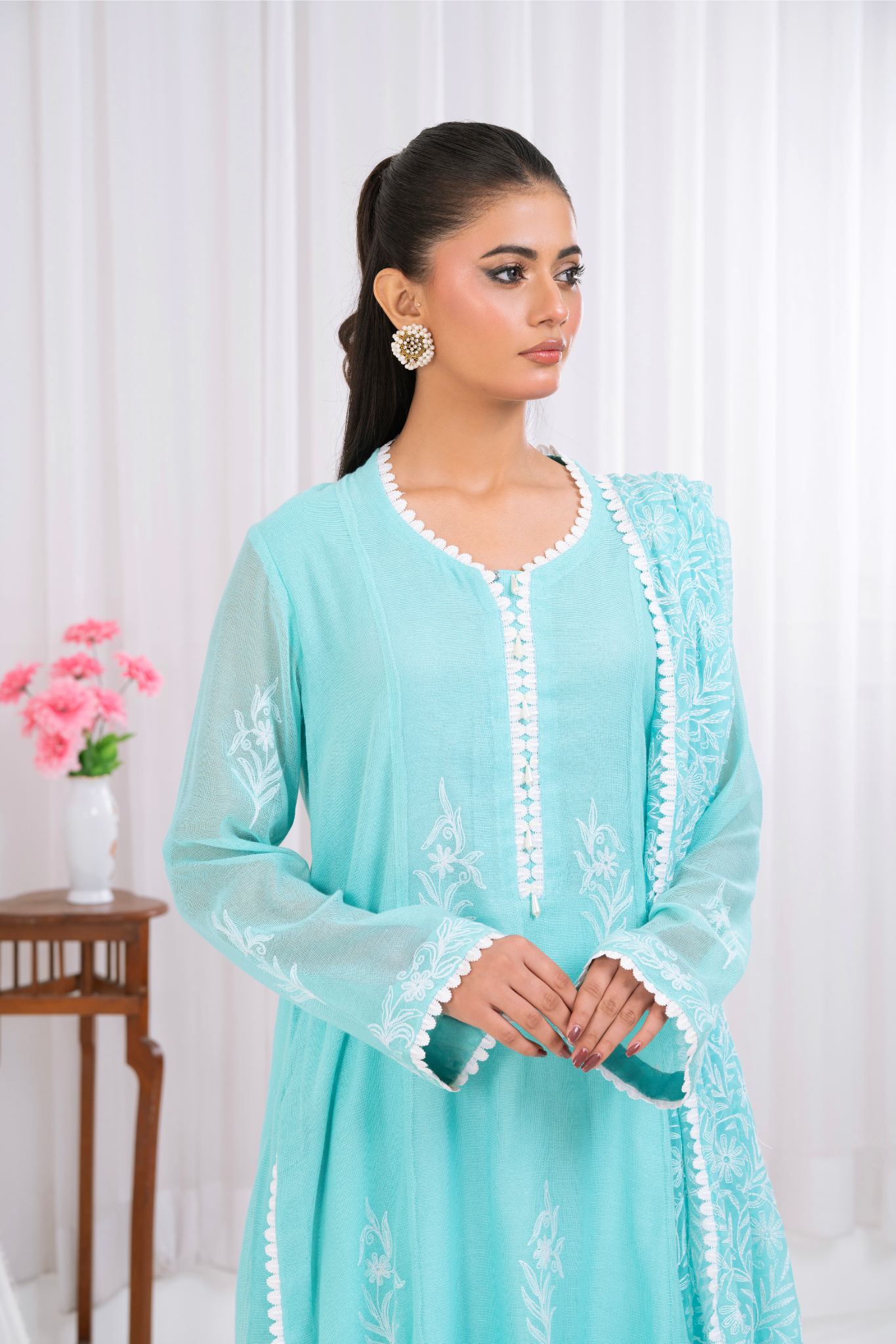Blue shadow Dupatta with silk net Embroided Shirt